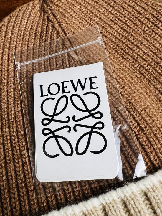LOEWE Two-Tone Ribbed Wool Beanie Hat Brown Cream Anagram Logo Made in Italy main image 9
